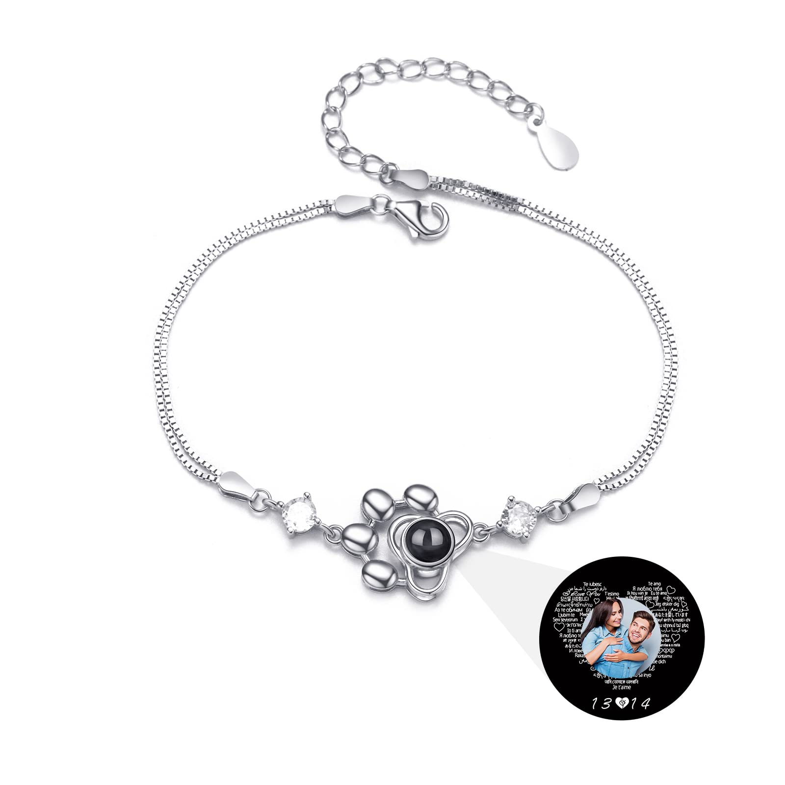 Personalized Photo Projection Bracelet Custom Pet Picture Dog Paw Bracelet 925 Sterling Silver I Love You Bracelet 100 Languages Customized Jewelry Gifts for Couples Women Christmas