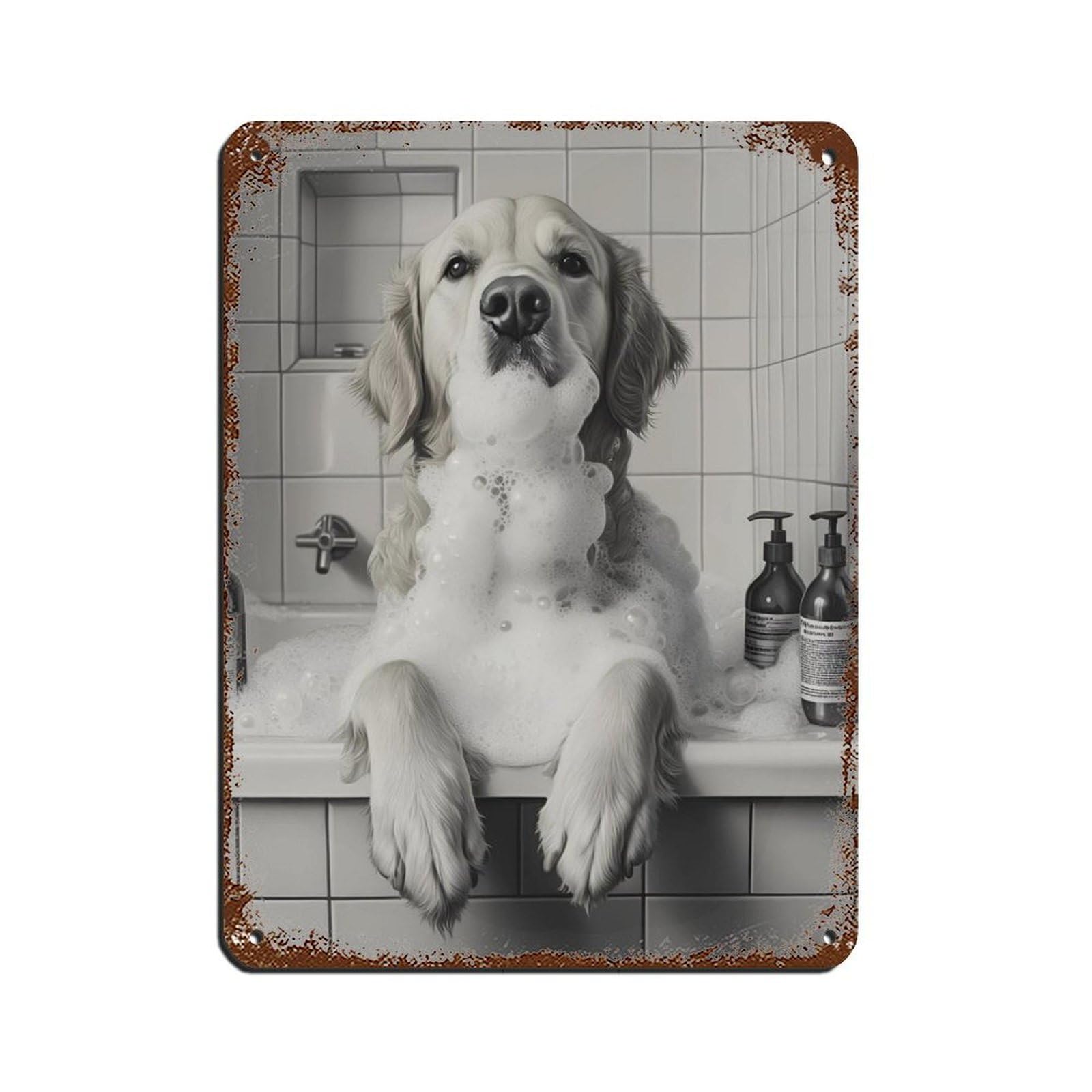 Golden Retriever in Bathtub Retro Poster Metal Tin Sign Chic Art Retro Iron Painting Bar People Cave Cafe Family Garage Poster Wall Decoration 12x16inch(30x40cm)