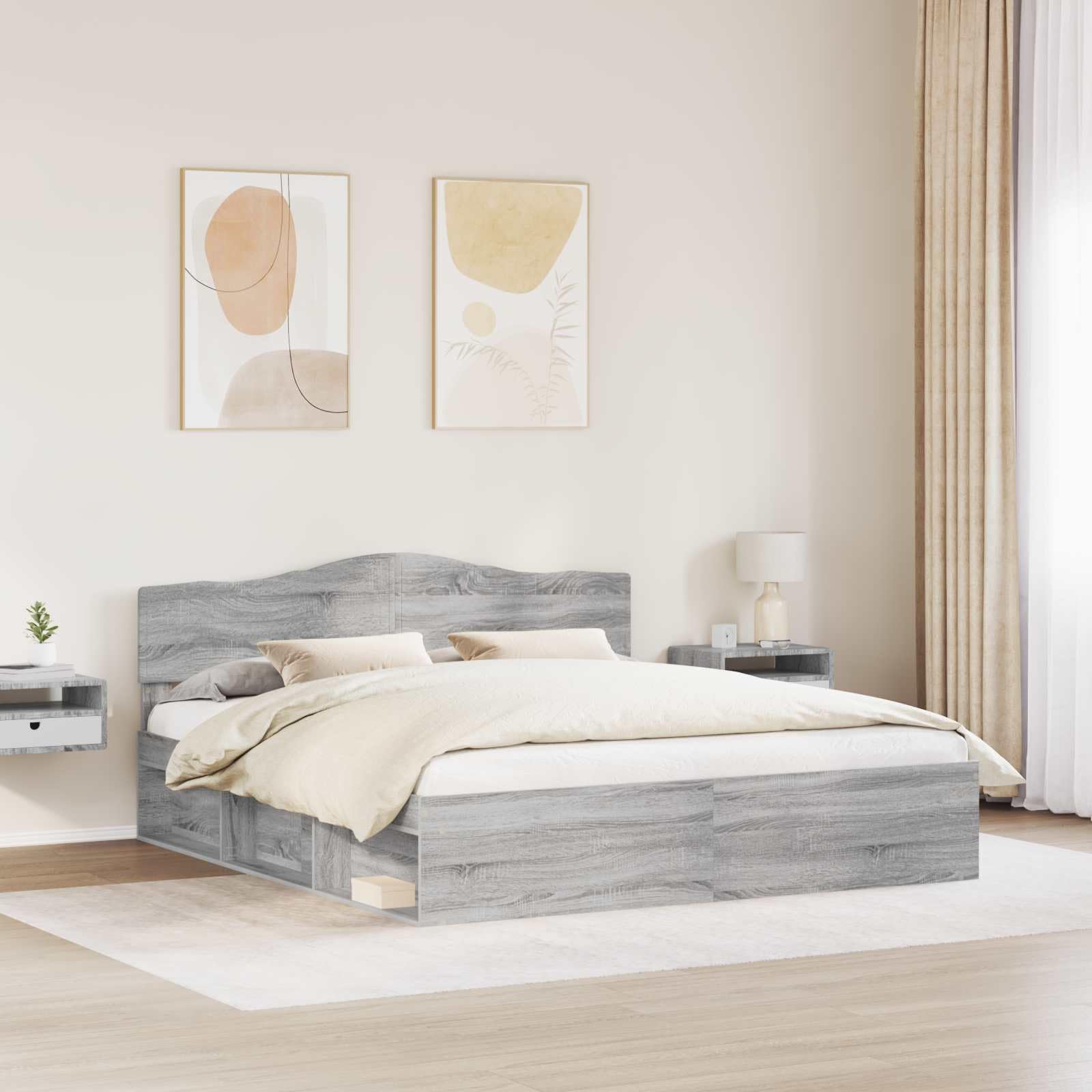 Telaio per letto Sonoma grigio in legno di pino massiccio con rete a doghe, 180 x 200 cm, letto super king size, per camera da letto e camera degli ospiti, stabile struttura con testiera