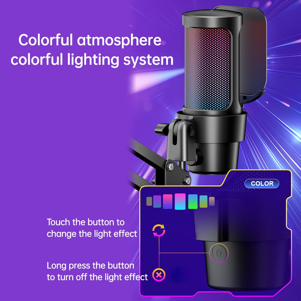 HUIOP Mikrofon do gier, zestaw mikrofonów do gier USB do komputera, oświetlenie RGB, tryb kardioidalny, przycisk wyciszenia i szybkiego wzmocnienia z uchwytem na kijek do gier/spotkań / transmisji