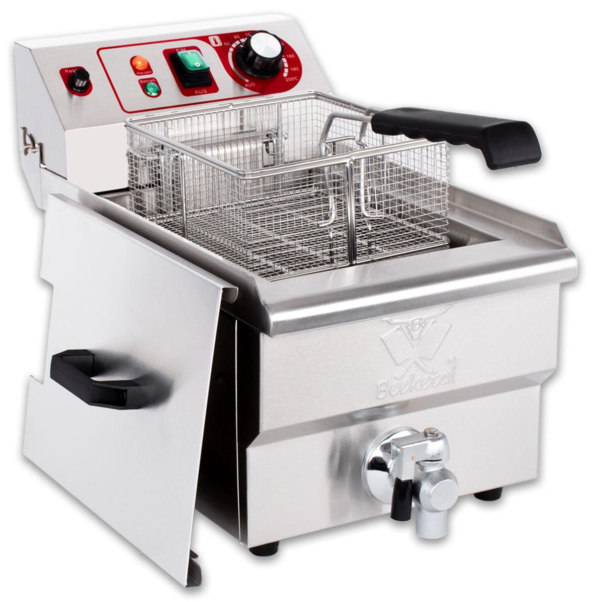 Beeketal BWF-101P Profi Gastronomie Kaltzonen Fritteuse 10 Liter Edelstahl Doppelheizspirale Temperaturkontrolle Fettablaufhahn