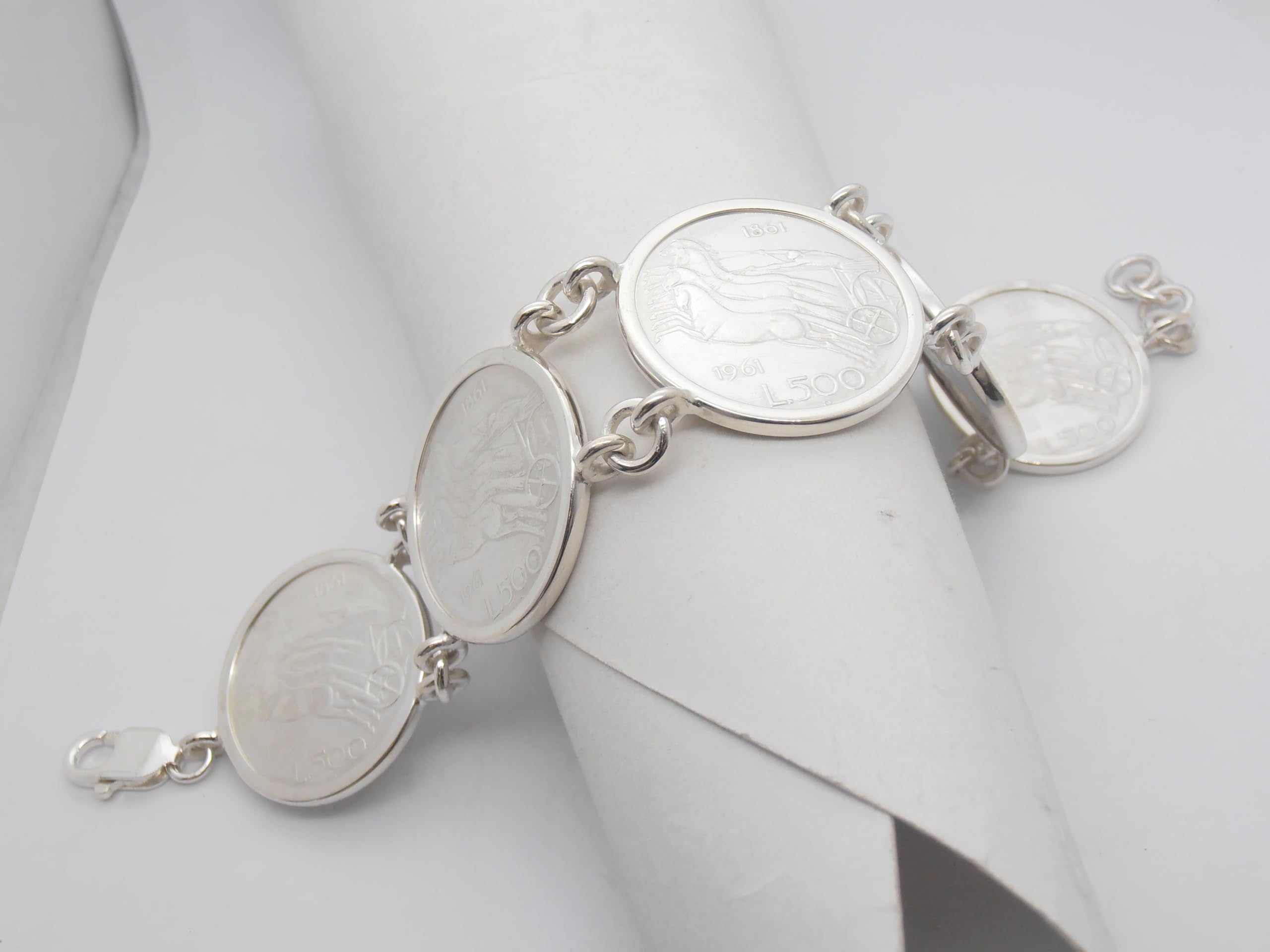 Bracciale in Argento 925 con Monete da 500 lire in Argento serie Quadriga - Centenario - Braccialetto