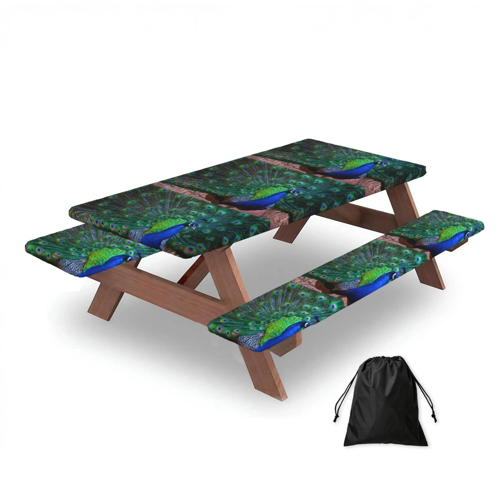 Dopklna As Picture Beautiful Peacock, Picnic Table Cover With Bench Covers -Waterproof Elastic Fitted Tablecloth For Garden Camping Patio 76X152cm