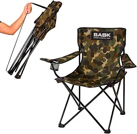 BASK Cadeira Dobrável Portátil Reforçada com Suporte 180kg | Alça de Ombro Integrada | Porta-copo | Conforto e Espaço Ampliado para Camping, Praia e Pesca (Camuflada)
