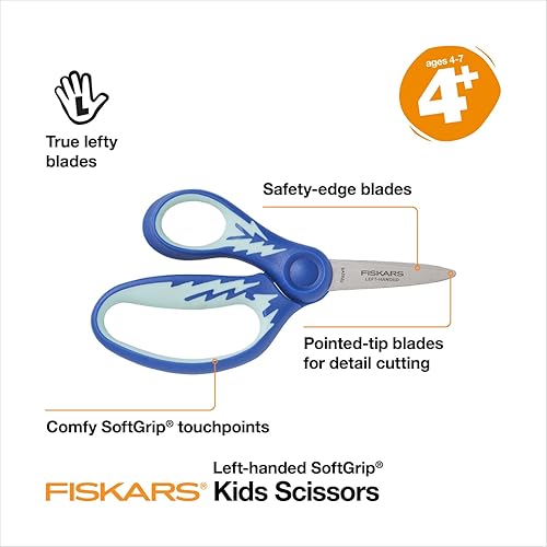 Miniatura 2 de Fiskars Tijeras Softgrip de 12,7 cm con punta puntiaguda para zurdos, para niños de 4 a 7 años, tijeras para zurdos para la escuela o manualidades,