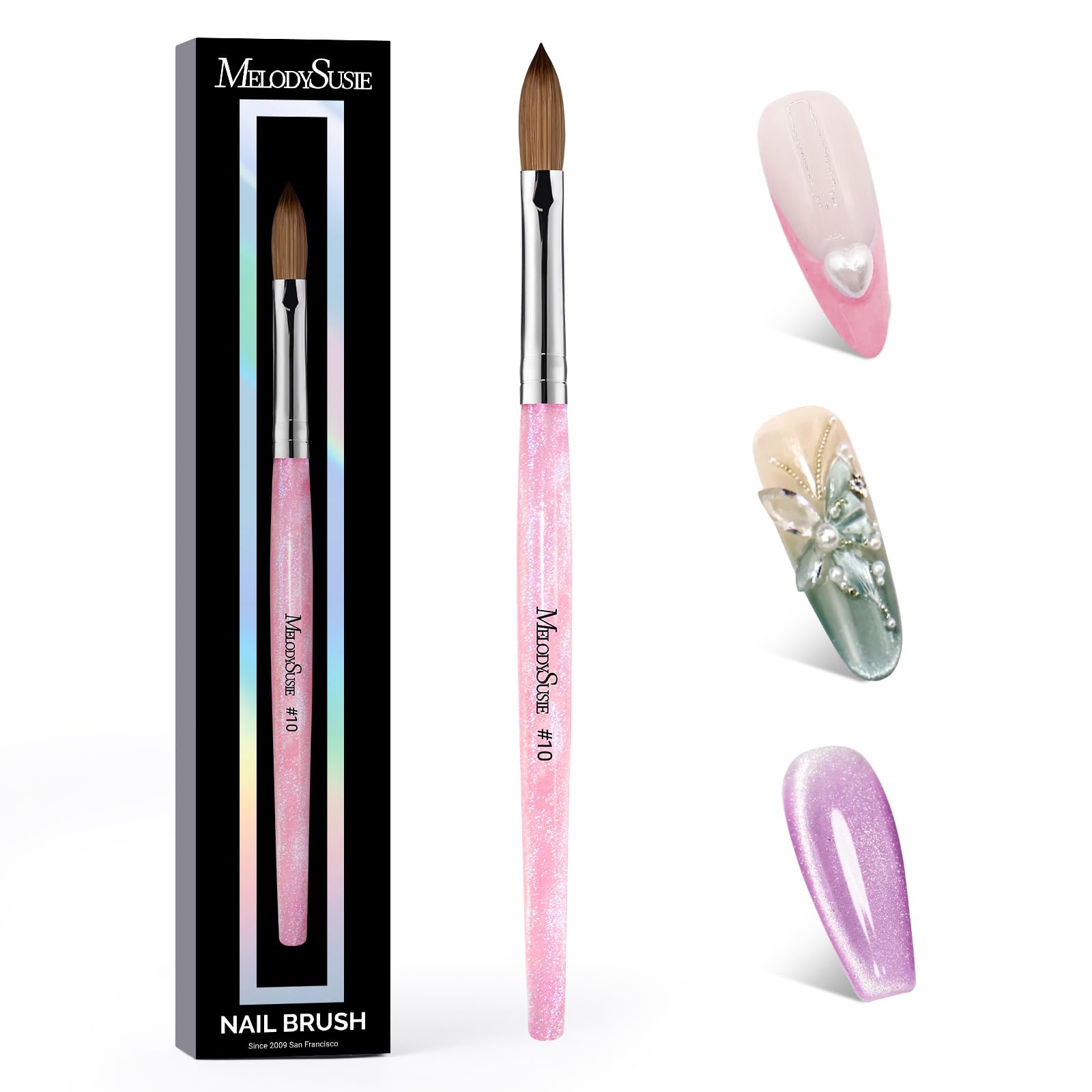 MelodySusie Kolinsky Acrylic Nail Brush,66% Kolinsky Hair,Professional Nail Art Brush for Acrylic Application, Aurora Collection Fine Glitter Brush,