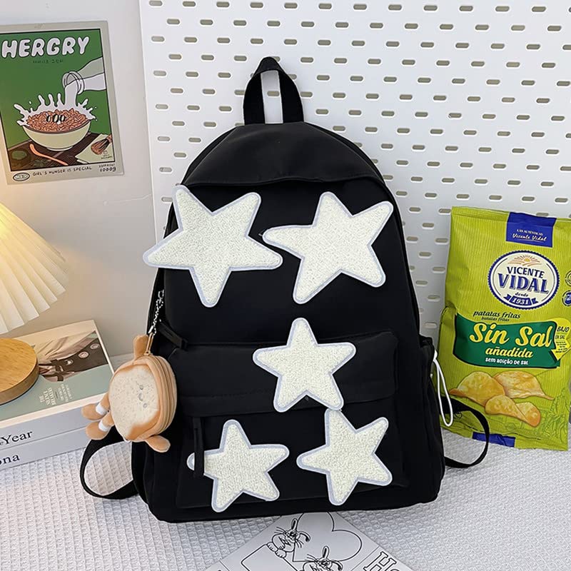 jupkem Y2K Goth Backpack with Cute Accessories Star Nylon Aesthetic Coquette Bookbag Vintage Fashion Casual Bags. (Black1, one size)3