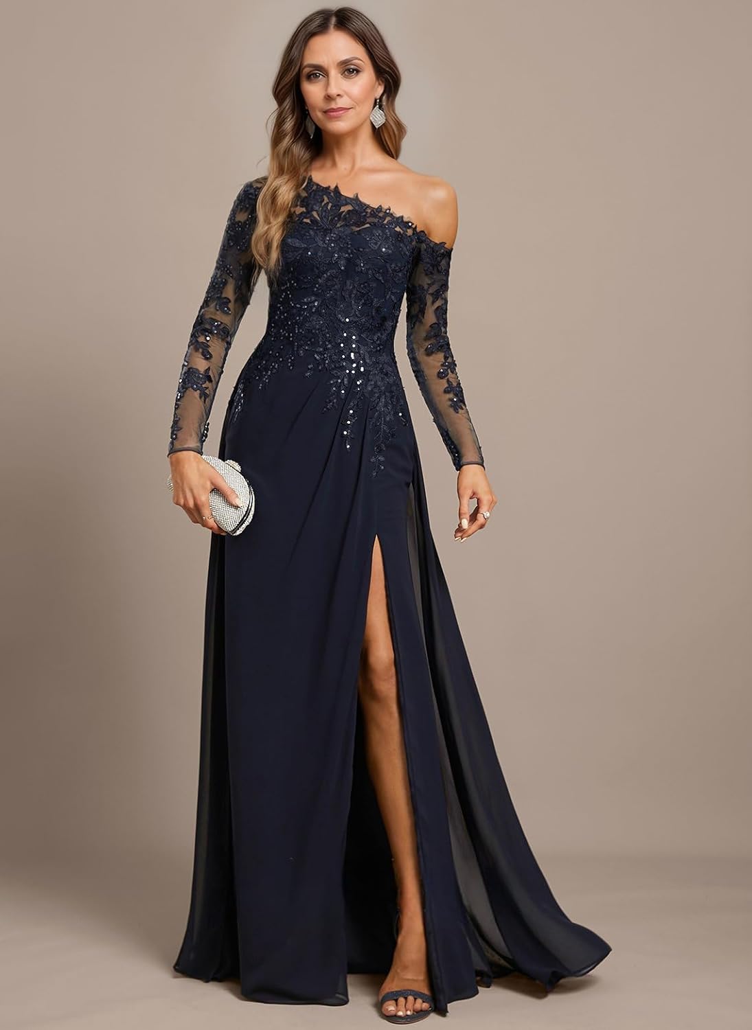 Long Sleeve Mother of The Bride Dresses for Wedding Sequin Lace Chiffon Formal Gown with Slit EA035 - Image 4