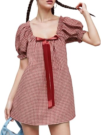 Women Plaid Summer Dress Loose Bow Square Neck Puff Sleeve Short Dress Trendy Going Out Dress Streetwear