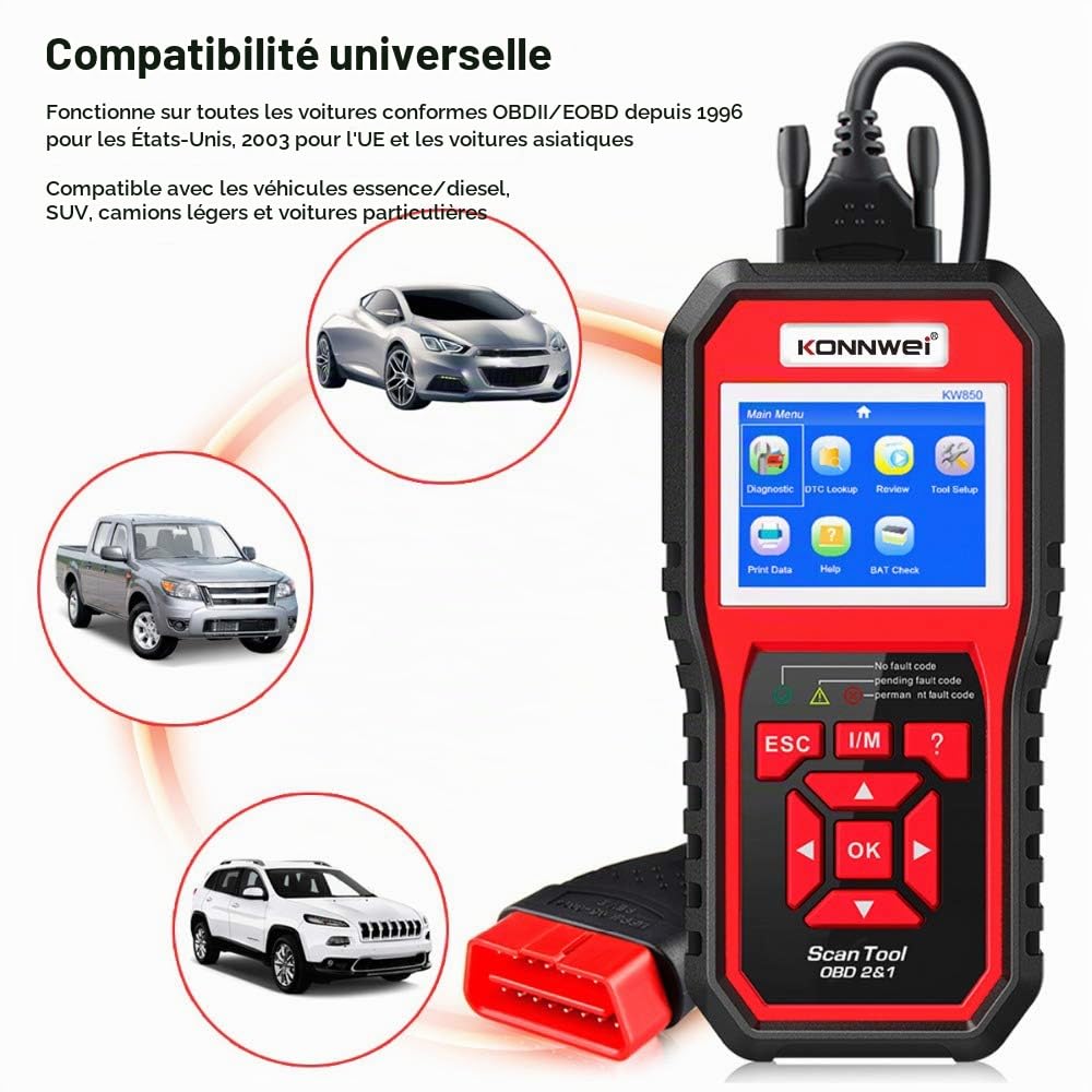 KONNWEI KW850 OBD2 Diagnostic Auto Valise Voiture,OBD Diagnostique Français Auto Multimarque, Lecteur de Code d'erreur de Moteur, Valise Effacer Defaut Voiture pour BMW Peugeot VW Véhicules