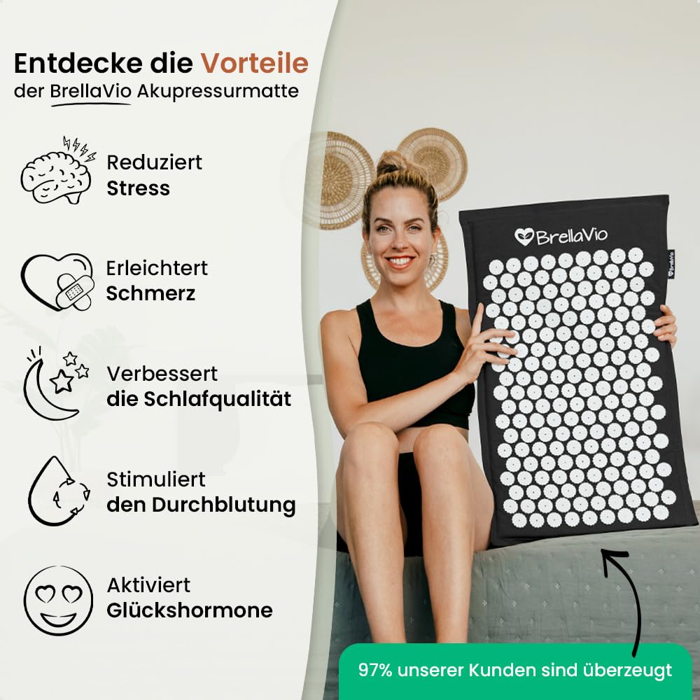 BrellaVio Akupressurmatte - Akupunktur Massage Matte - Akupressur zur Entspannung für Rücken, Nacken, Schulter und Fuß - Akkupressmatte gegen Verspannungen (Schwarz)