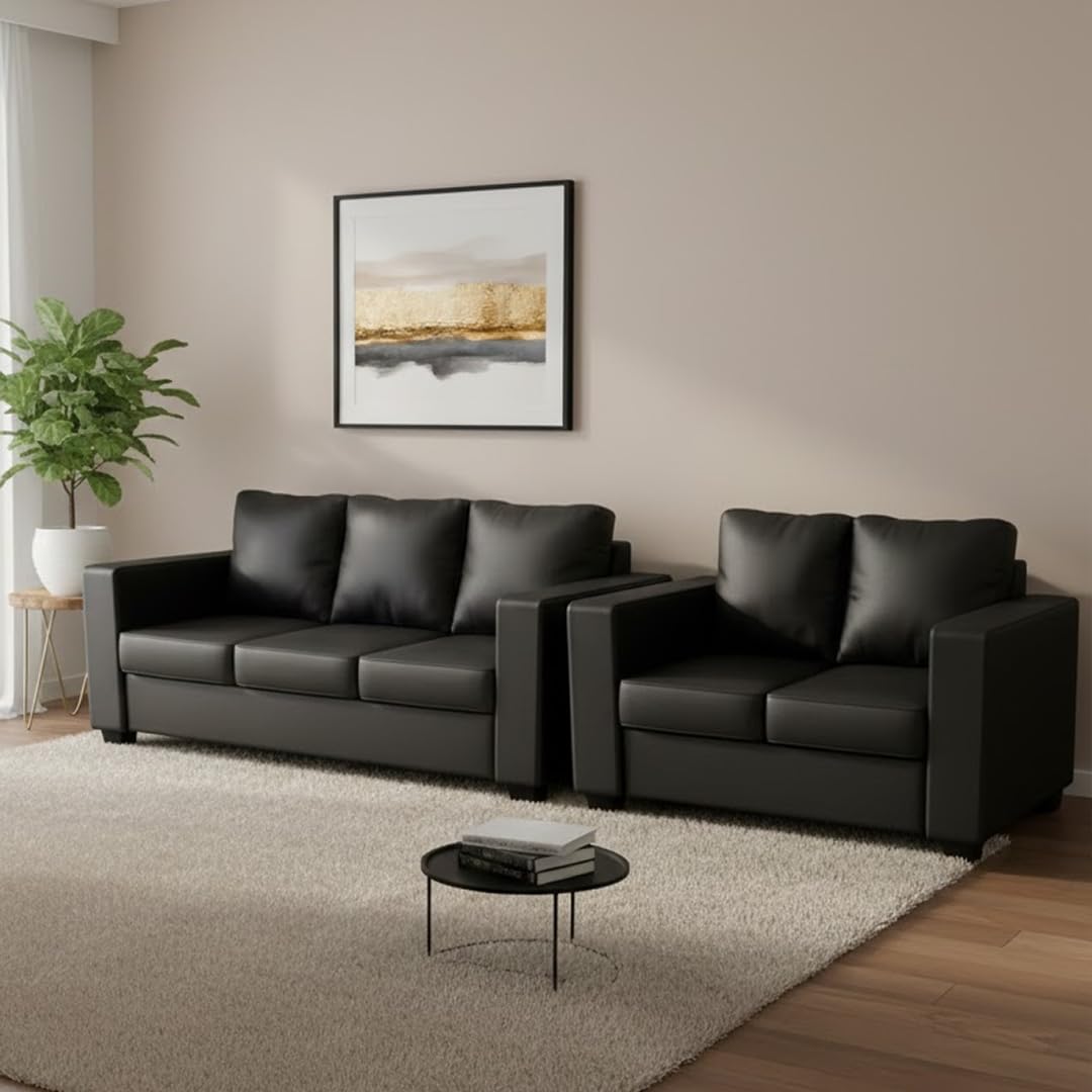 FURNY Hirloy 5 Seater Leatherette 3+2 Sofa Set Black Leatherette| Modern Design | Living Room Furniture | Modern Stylish Sofa for Home-image-15
