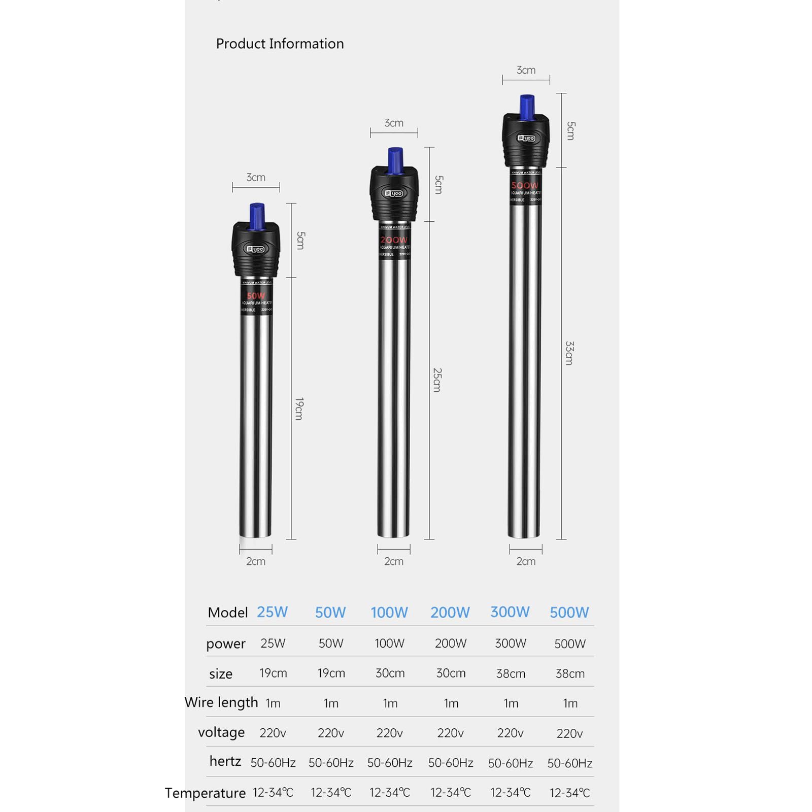 Calentador automático de Acuario de Temperatura Constante a Prueba de explosiones con Varilla calefactora de Acero Inoxidable, 50W (200W)
