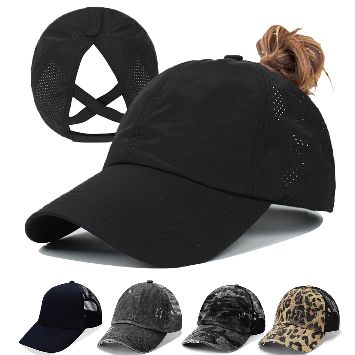 Criss Cross Hat Washed Distressed Baseball Cap Ponytail Hat High Messy Bun Ponycap for Women