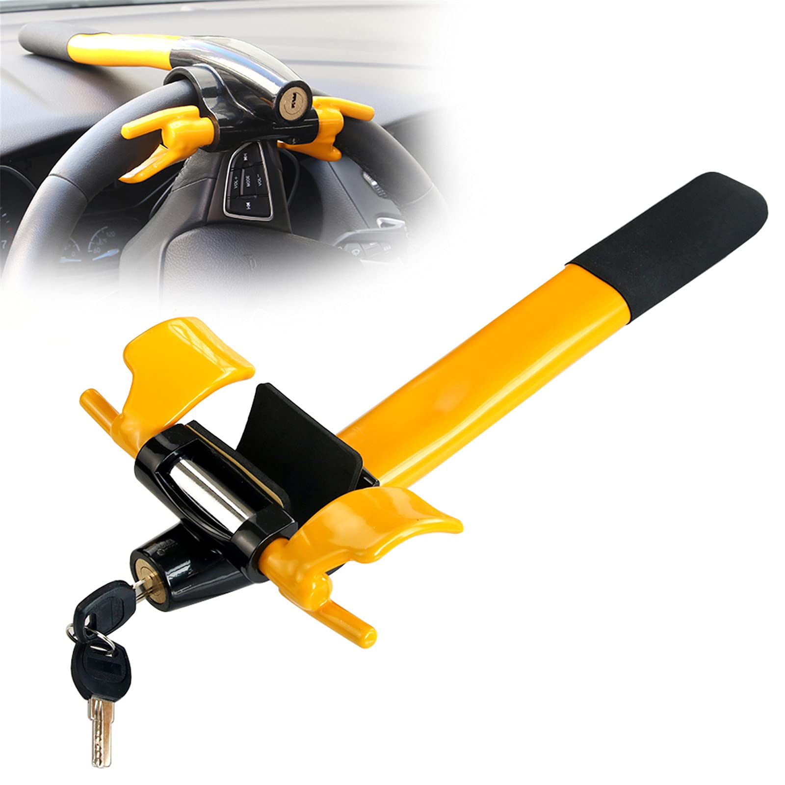 Car Steering Wheel Lock Anti Theft Locking Security Device Security T-Lock for Cars Vehicles Van Lorry SUV Yellow/Black 2 Keys