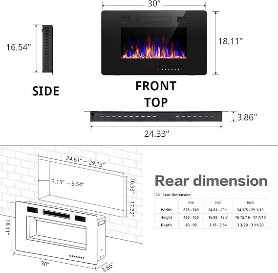 R.W.FLAME 30 inch Recessed and Wall Mounted Electric Fireplace, Low Noise,Fit for 2 x 4 and 2 x 6 Stud, Remote Control with Timer,Touch Screen,Adjustable Flame Color and Speed, 750-1500W