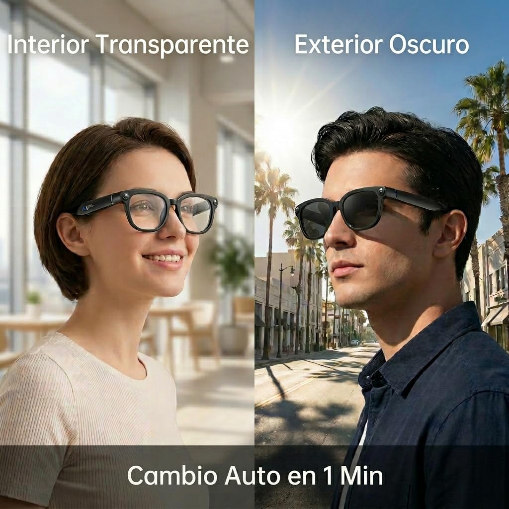 Gafas con Cámara de 13 MP con Lentes Fotocromáticas, Traducción AI en Tiempo Real y Reconocimiento de Objetos con ChatGPT, Control por Voz de Música y Llamadas, Gafas Inteligentes con IA
