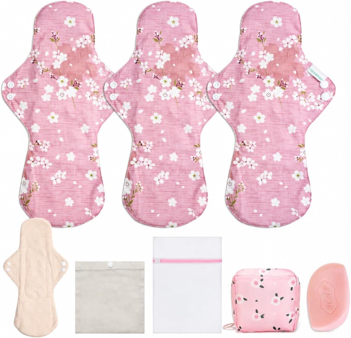 100% Organic Cotton Reusable Incontinence Pads for Women with Sensitive Skin, 3-Pack 13.8" Washable Overnight Pads with Wings, LUCKYPADS Cloth Menstrual Pads for Postpartum & Heavy Flow