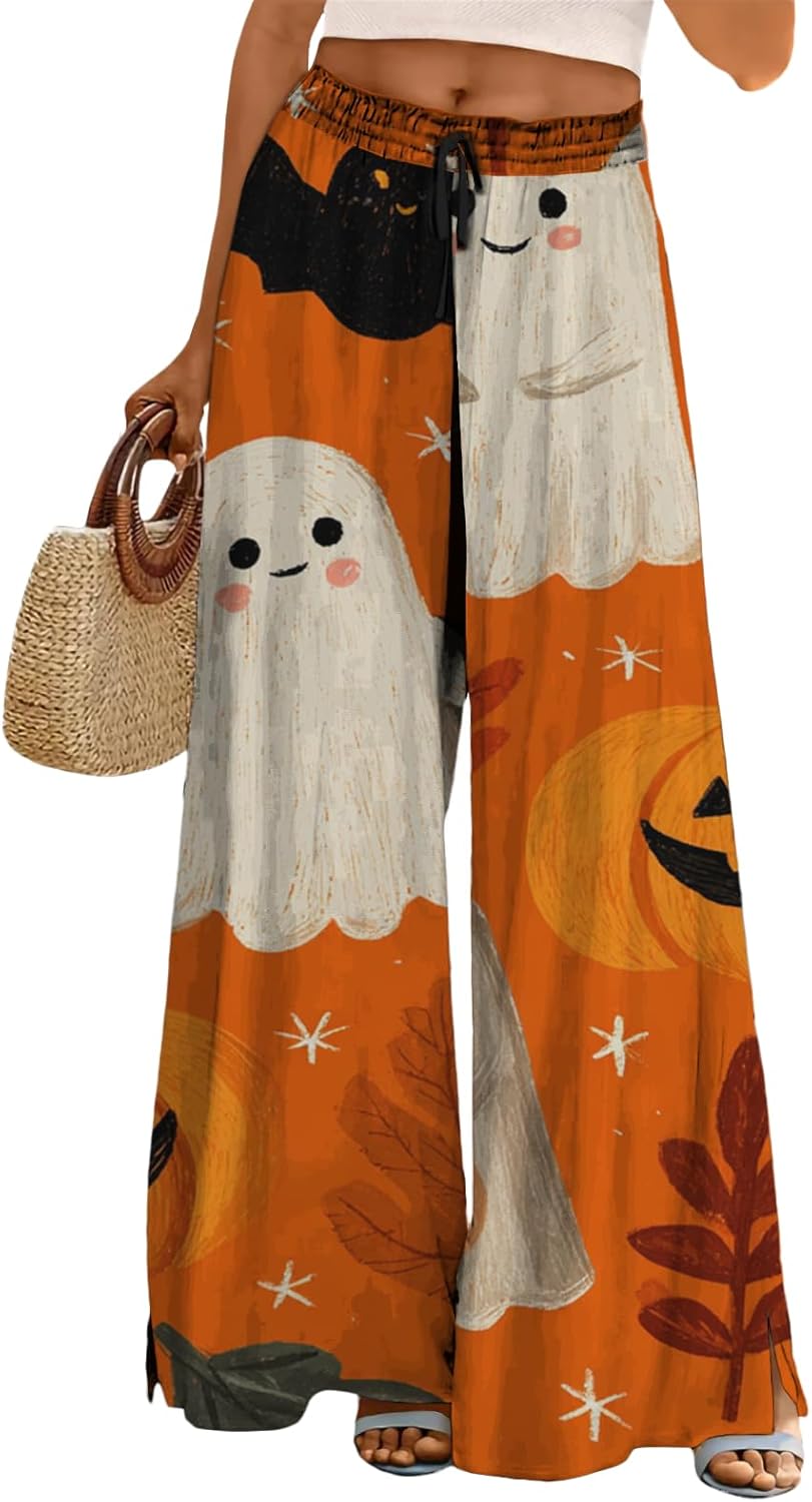 Halloween Pants Women Drawstring Elastic Waist Wide Leg Pants Ladies Pumpkin Ghost Pajama Vintage Street Wear