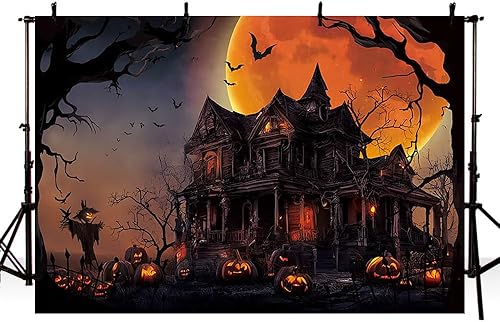 Miniatura 2 de MEHOFOND Telón de fondo aterrador de Halloween de 10 x 7 pies, luna llena, murciélago aterrador, calabaza, horrible, fondo de bosque sombrío,