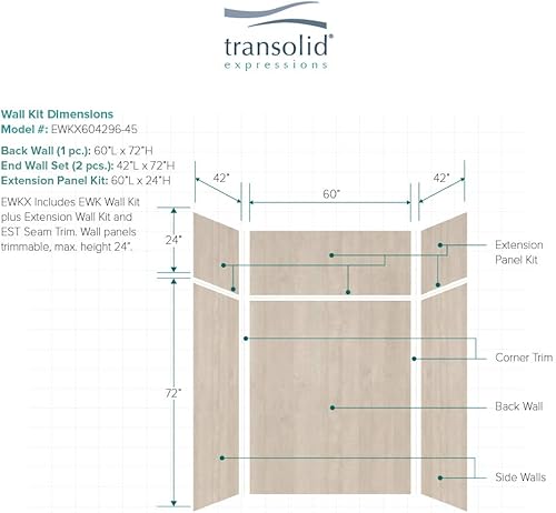Miniatura 34 de Transolid EWKX483696-41 Expressions - Kit de pared de ducha de 6 paneles con extensión, 36 pulgadas de largo x 48 pulgadas de ancho x 96 pulgadas