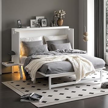 PVWIIK Queen Size Murphy Bed with Desk,Removable Shelves,White | Murphy Bed with Desk and Removable Shelves on Each Side,Solid Pine Cabinet Bedframe