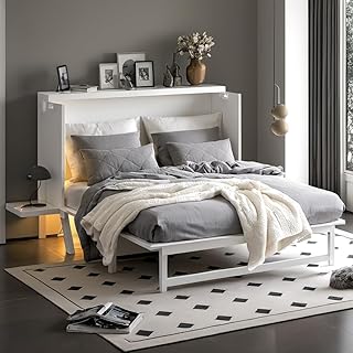 PVWIIK Queen Size Murphy Bed with Desk,Removable Shelves,White | Murphy Bed with Desk and Removable Shelves on Each Side,Solid Pine Cabinet Bedframe