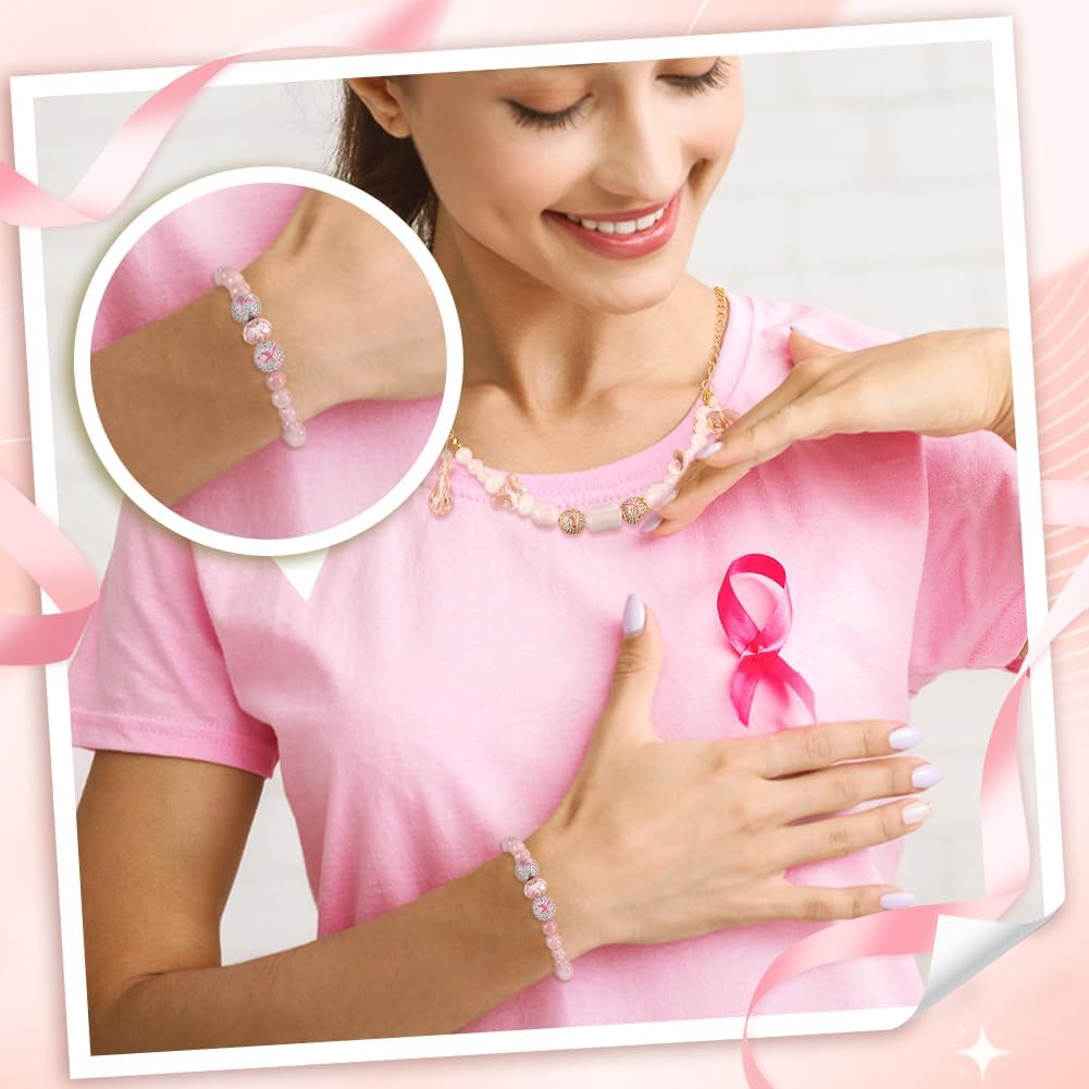 PH PandaHall 4 Colors 8pcs Rhinestone Beads 10mm Cubic Zirconia Beads Breast Cancer Awareness Charms Spacer Beads Glitter Diamond Craft Beads Pink Ribbon Beads Charms for Jewellery Making - Image 5