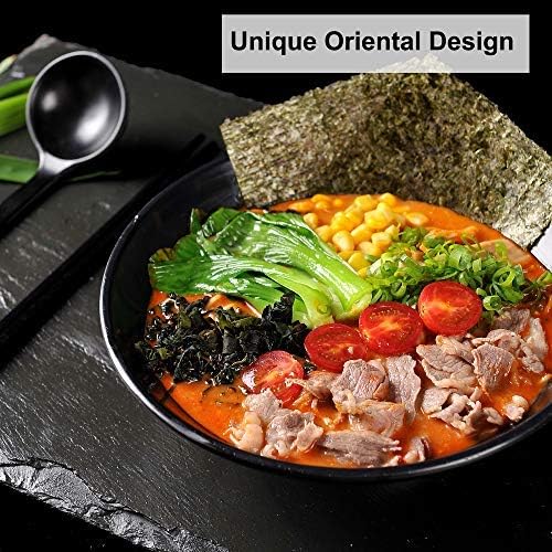 DeeCoo 3 Sets (15 Piece) 50oz Large Melamine Ramen Bowl Set, Japanese Style Soup Bowls Set with Chopsticks , Ladle Soup Spoon sand Stands, Ramen, Pho, Noodle, Soup, Udon, Donburi, Black Melamine
