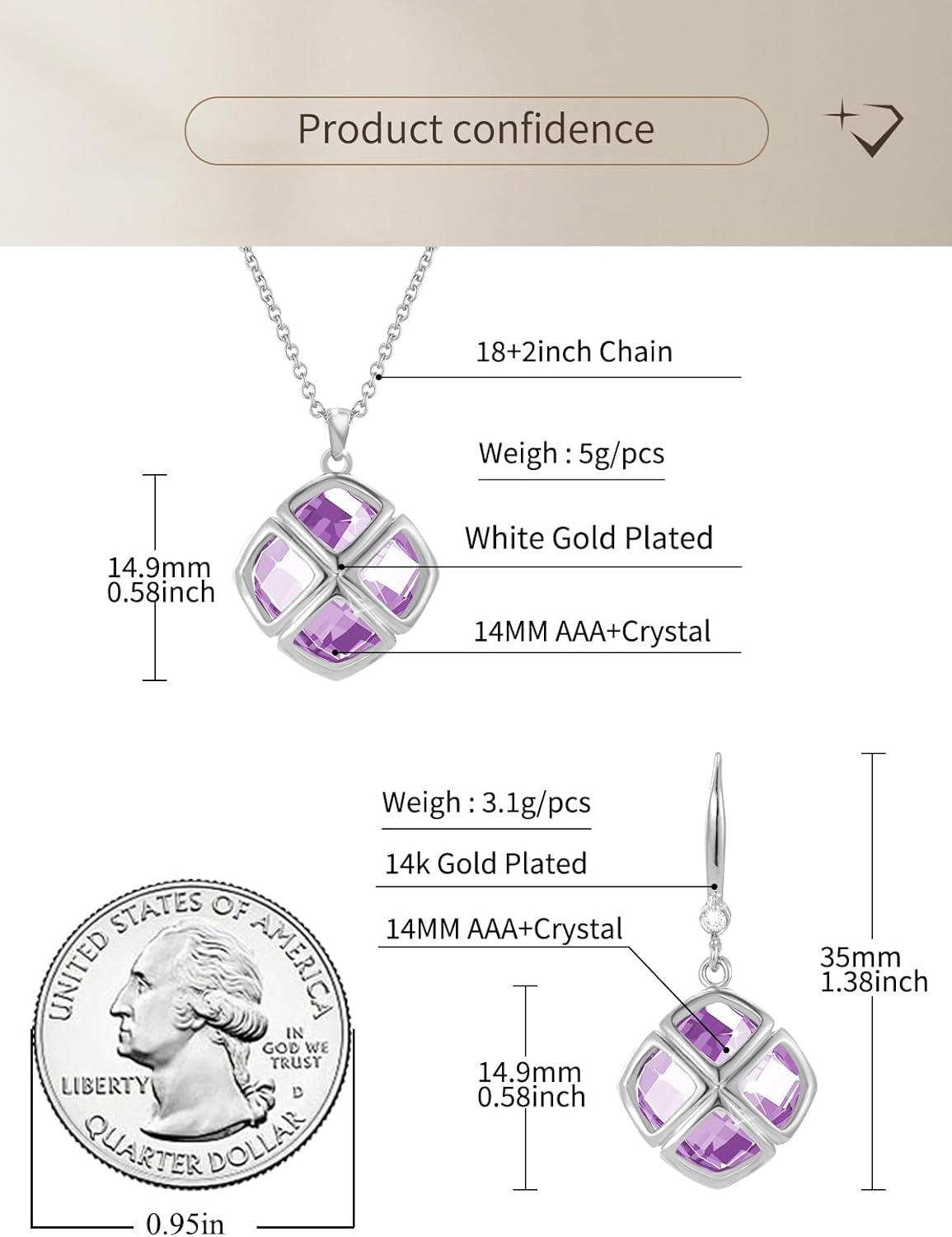 Crystal Pendant Necklace Earrings Sets for Women 14K Glod Plated Jewelry