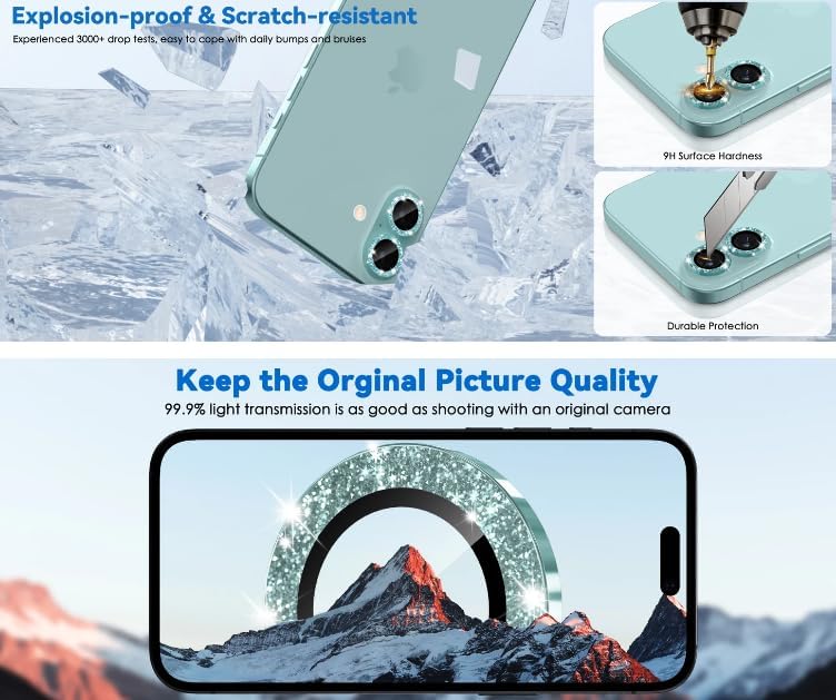 Camera Lens Protector ，Bling Glitter Decoration Ultra-HD Tempered Glass Cover for iPhone 16 15 14 13 12 11 Pro Max MINI Phone Accessories (Glitter Black, for15/15Plus-2PCS) image 3