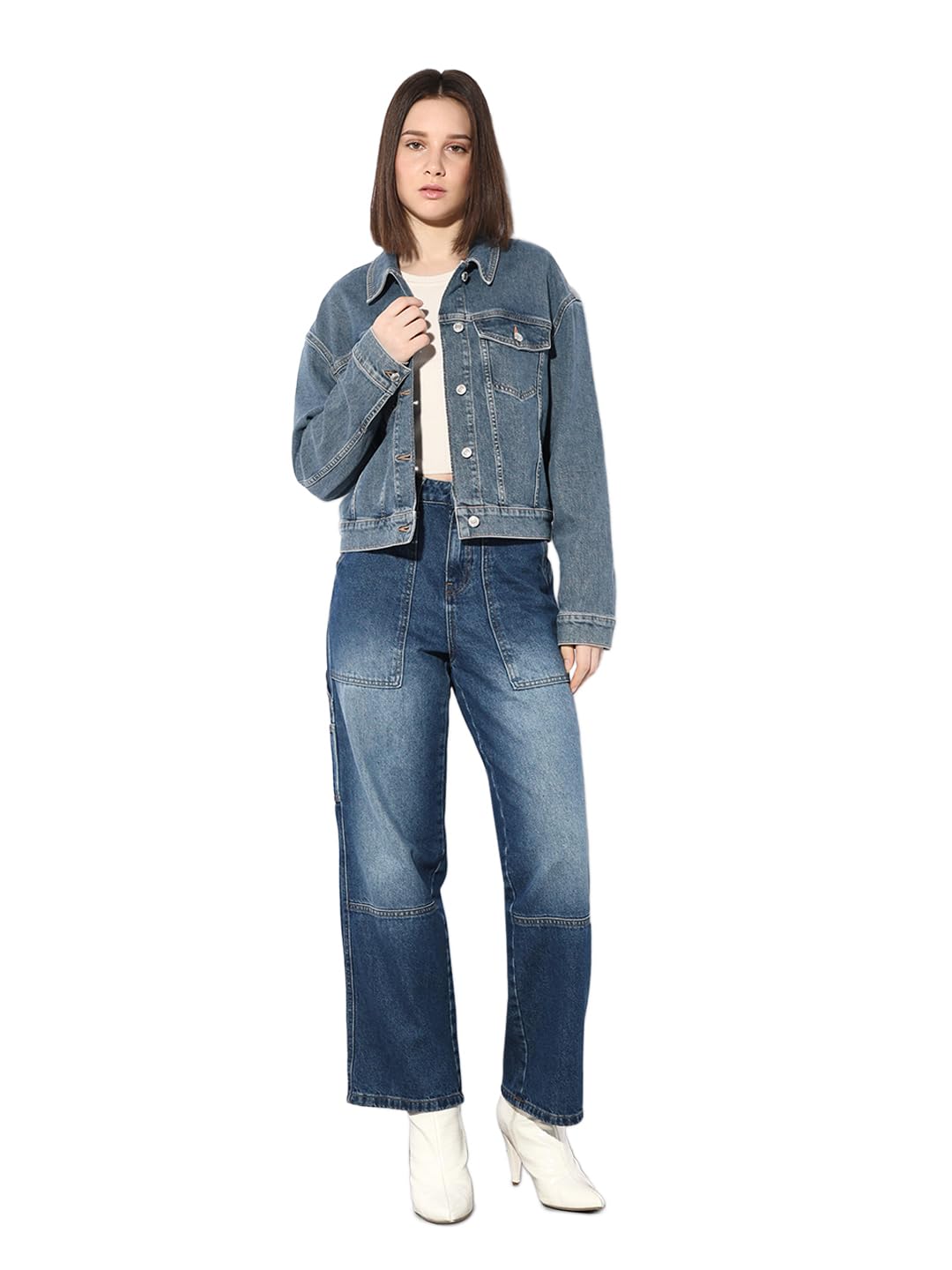 ONLY Women Spread Collar Washed Self Design Cotton Casual Denim Jacket in blue