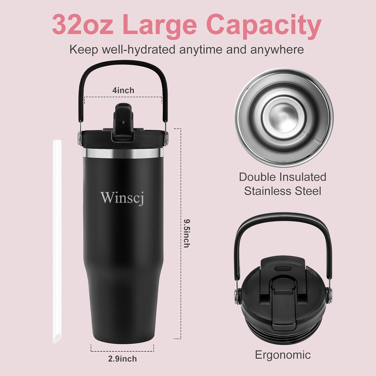 32 oz Tumbler with Handle and Flip Straw,Keep Cold or Hot,Fits in Cup Holder,Reusable Leak Proof Stainless Steel Vacuum Water Bottle,Suitable for Home Gym Trave, Easy to Carry(Black) - Image 2