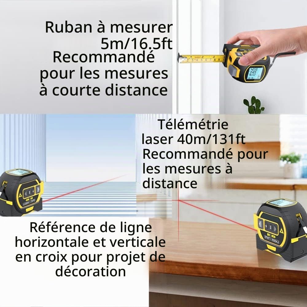 Ruban à mesurer laser 3 en 1, télémètre laser numérique avec écran LCD, mesure laser 40M/131FT, mesure de bande 5M/16FT, surface de mesure/volume/distance/Pythagore