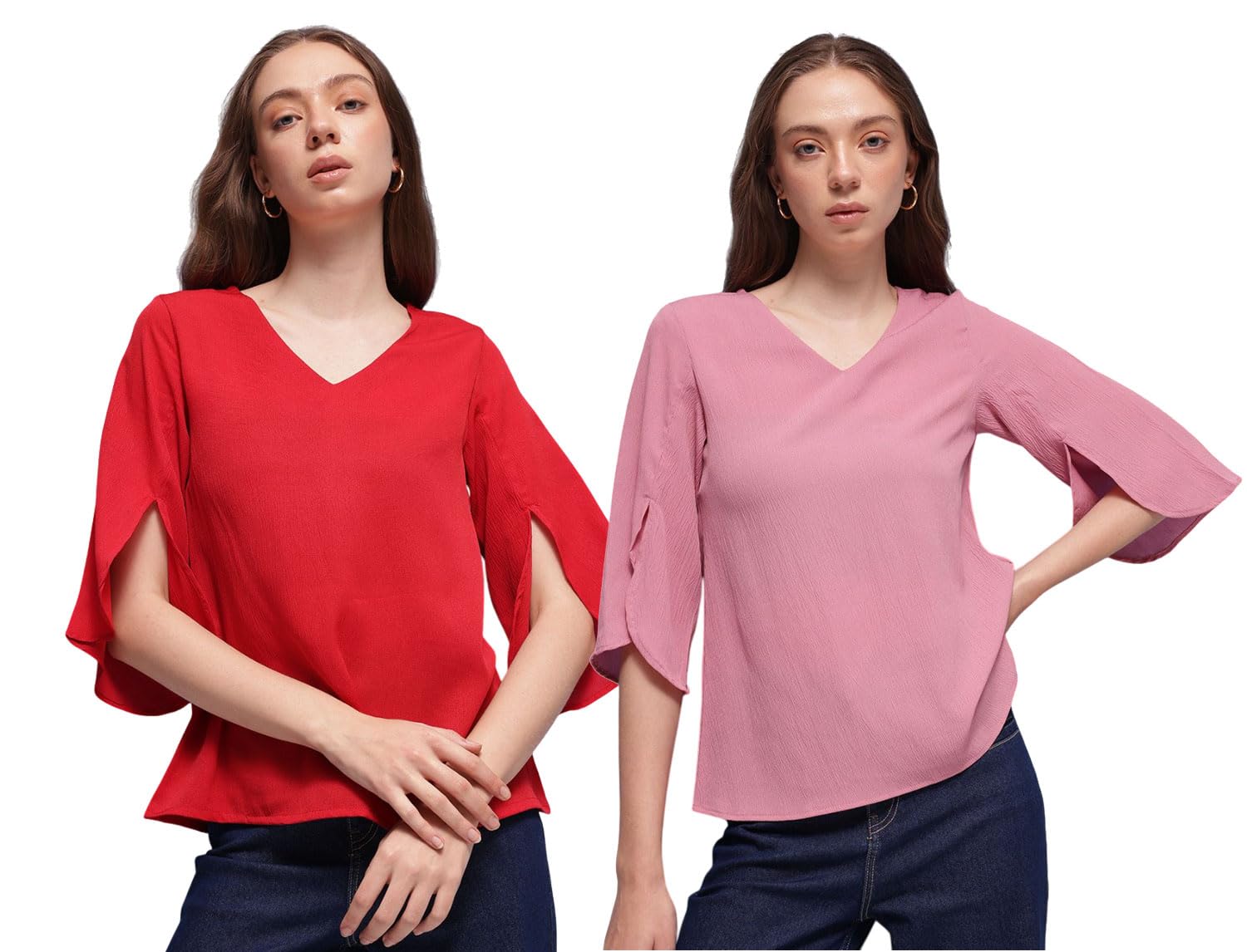 Women's Floral Regular Fit V-Neck Blouse | T-Shirt | Tops (Pack of 2)