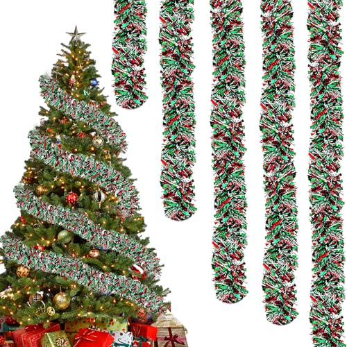 QKEINV 32.8 Feet Christmas Metallic Twist Tinsel Garland, Xmas Glitter Garland, Colorful Tinsel Garlands, Chunky Metallic Shiny Hanging Garlands for Christmas Tree Party Supplies (Red, Green, Silver)
