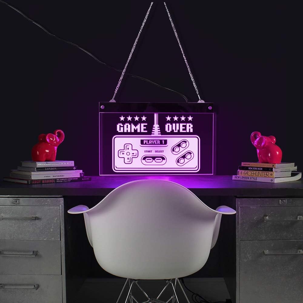 The Geeky Days Retro Gamepad Controller LED Light Up Acrylic Neon Board Playroom Game Over Sign Game Room Electric Display Hanging Board Gamer Gift
