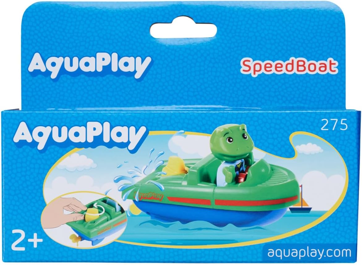 AquaPlay Sports Boat with Wind-Up Motor - Self-Propelled Play Boat, Battery-Free, Robust Wind-up System, Water Toy, Bathtub Pool, Beach, Blue Green, from 2 Years