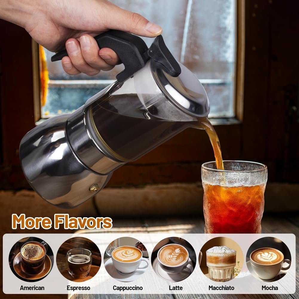 Thickened Stainless Steel 9 Cup Moka Pot Glass Clear Stovetop Espresso Maker Italian Coffee Machine 450ml 15oz
