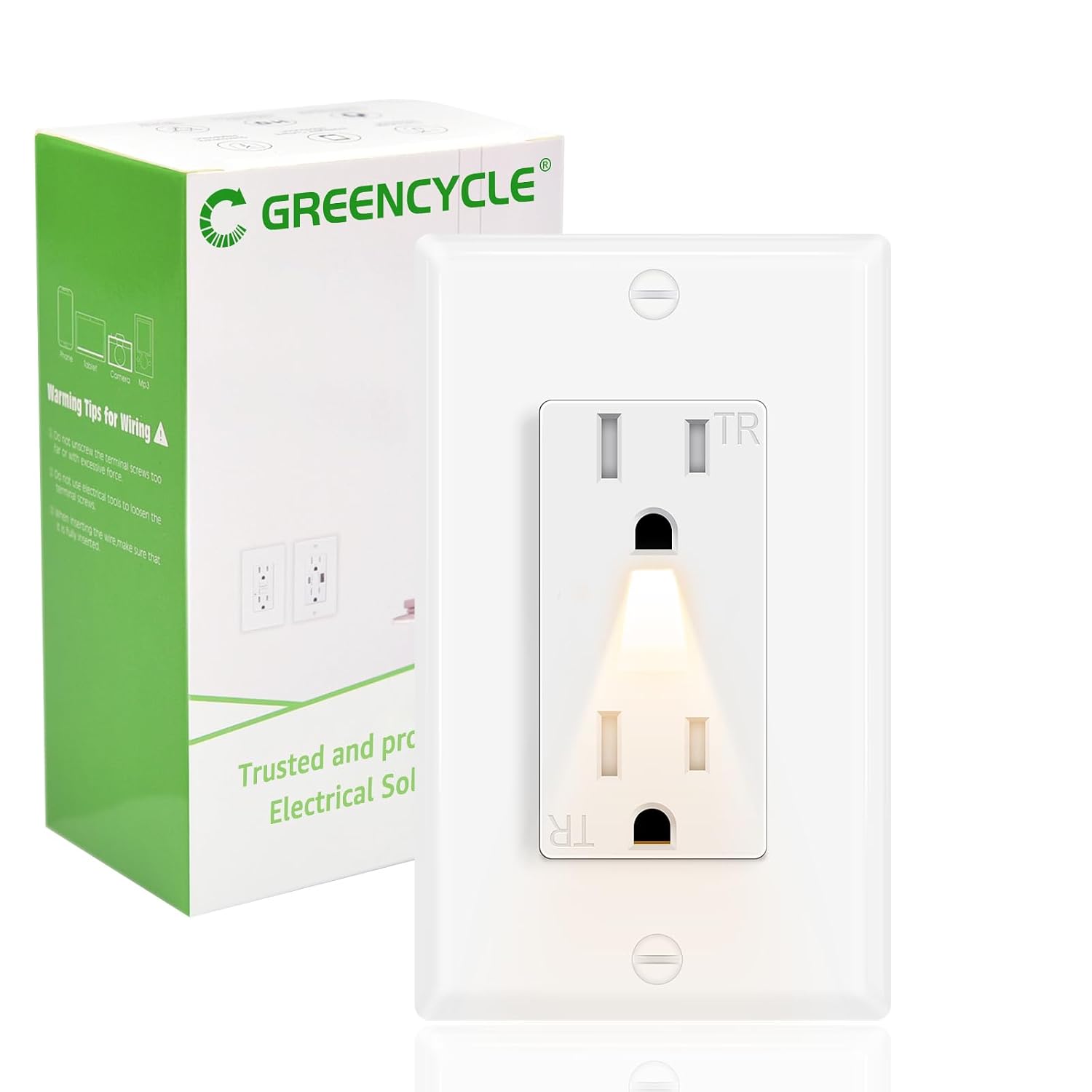 Greencycle Outlet with Night Light,2PK 15Amp Electrical Wall Outlet | 110V Plug Replacement,Square,Tamper Resistant,3 Wire,Ultra-Slim,Residential Commercial Grade,Self Grounding,ETL List
