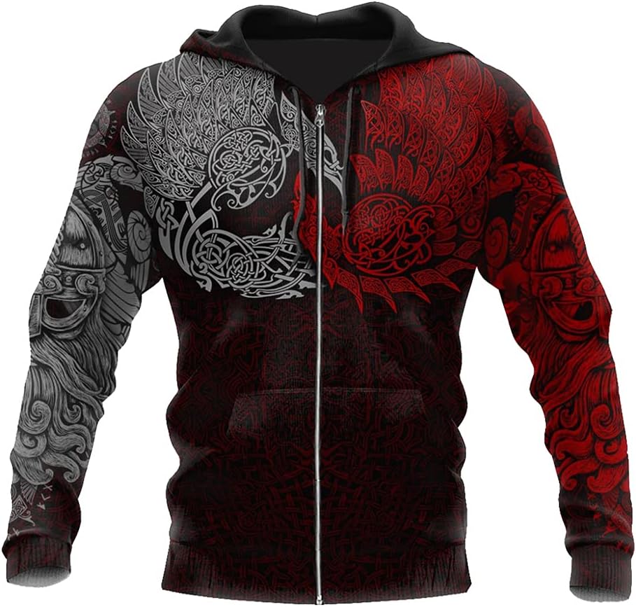 Nordic Odin Raven Sweater 3D Print Casual Loose Zip Sweatshirt Long Sleeve Men's Fall Big Pocket Baseball Uniform