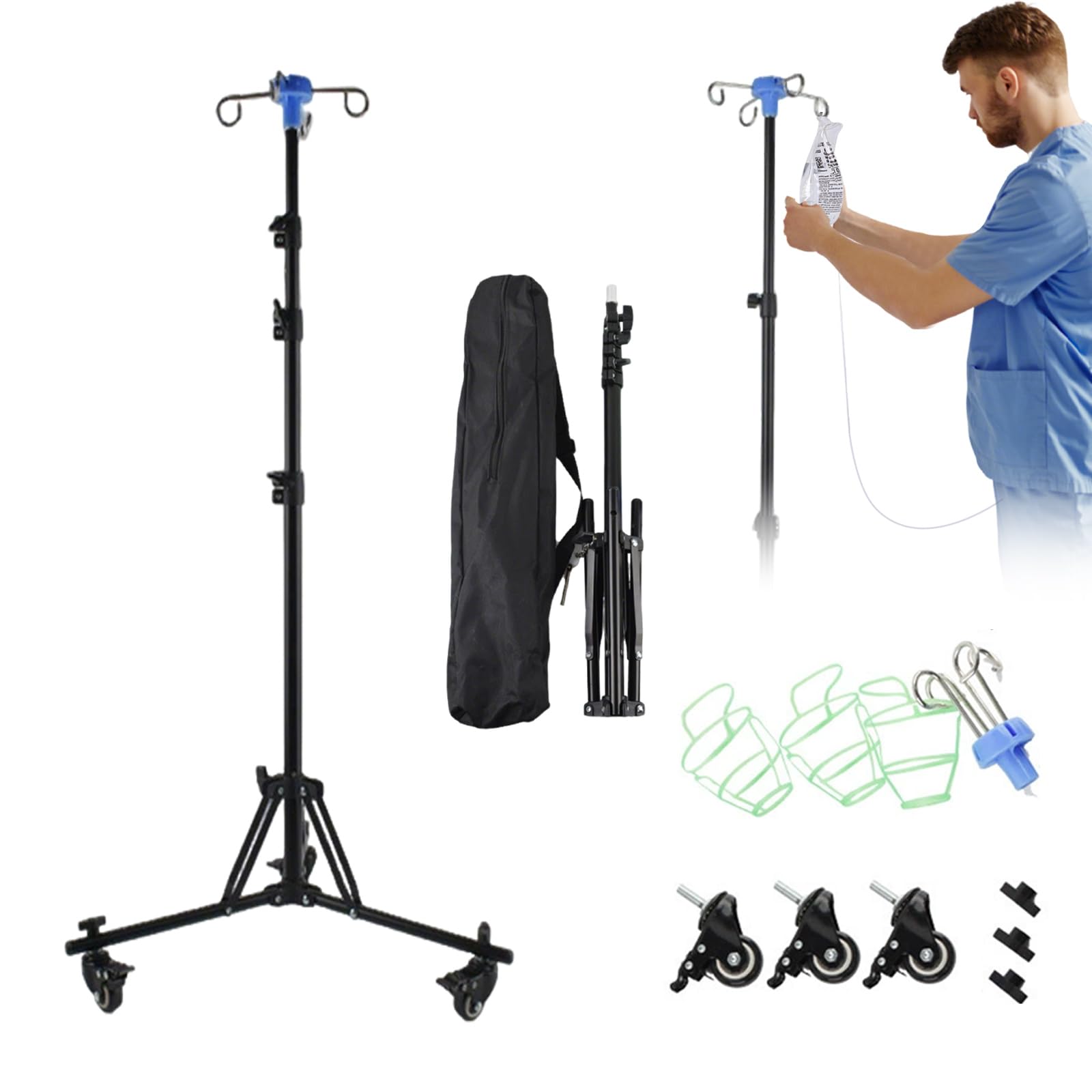 Supporto per infusione pieghevole Asta per flebo con ganci&ruote, supporto per infusione mobile, per ospedale e cura domestica,regolabile in altezza