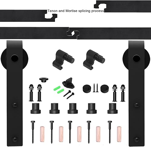 Miniatura 6 de Kit de herrajes para puerta corrediza de granero indiv. de 8 pies, rodillo básico negro, gancho de acero al carbono, sistema de riel plano para