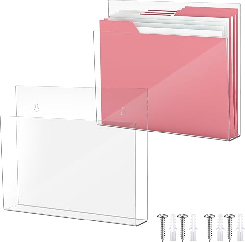 Wonderjune 2 Pcs 12 Inch Wall File Holder Tablet or Patient Chart Holder with Open Sides Medical Files Hanging Organizer for Wall Anchor Hardware for School Office Home(Acrylic,Square Style)