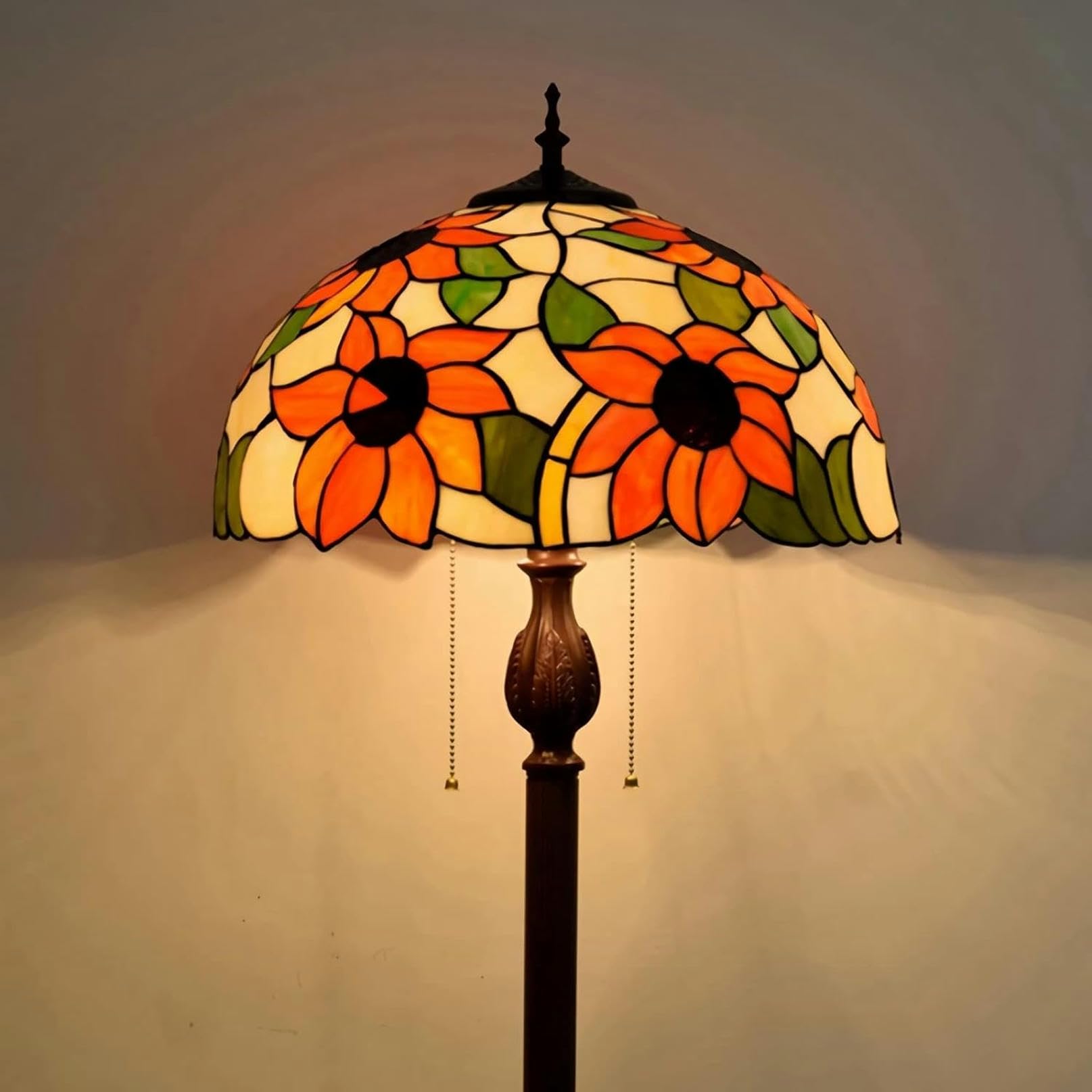 IUokLU Tiffany-style Sunflower Floor Lamp, 16" Stained Glass StandLamp, Vintage Resin Base ReadLight for Bedroom Office Decor