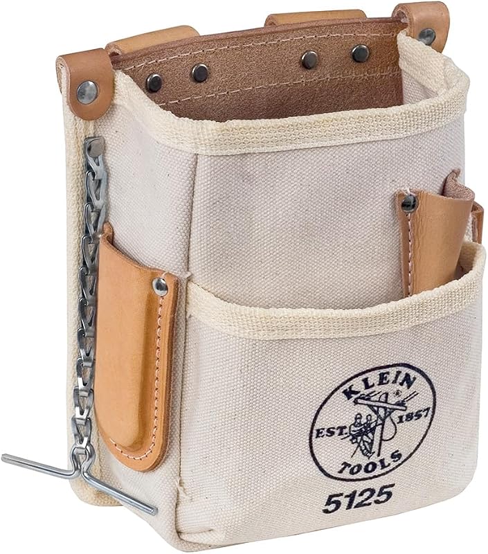 Klein Tools 5125 Canvas and Leather 5-Pocket Tool Pouch with Chain Tape Thong and Tunnel Belt Connection