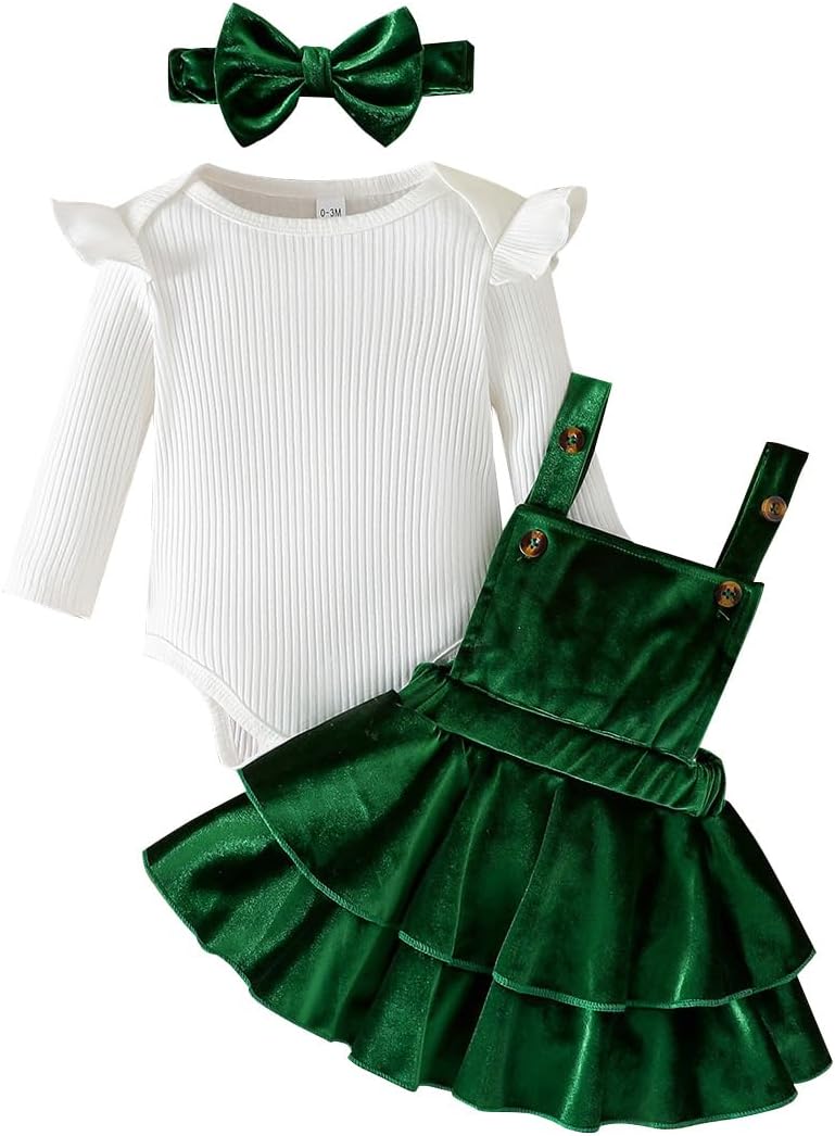 Noubeau Baby Girls Christmas Outfits Long Sleeve Onesie Romper+Velvet Suspender Skirt Set+Headband 3Pcs Fall Winter Clothes
