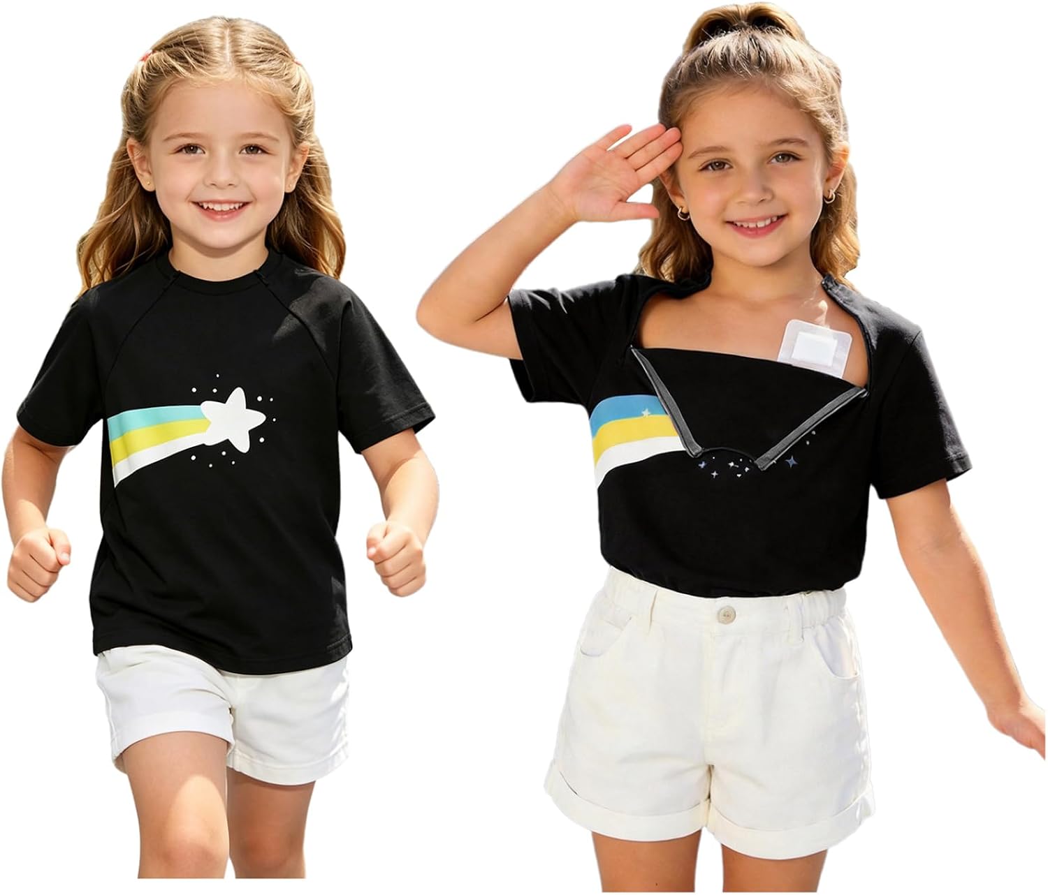 Kids Girls Chemo T-Shirts Chest Port Front Zipper Post Surgery Recovery Tops Special Needs Adaptive Clothes