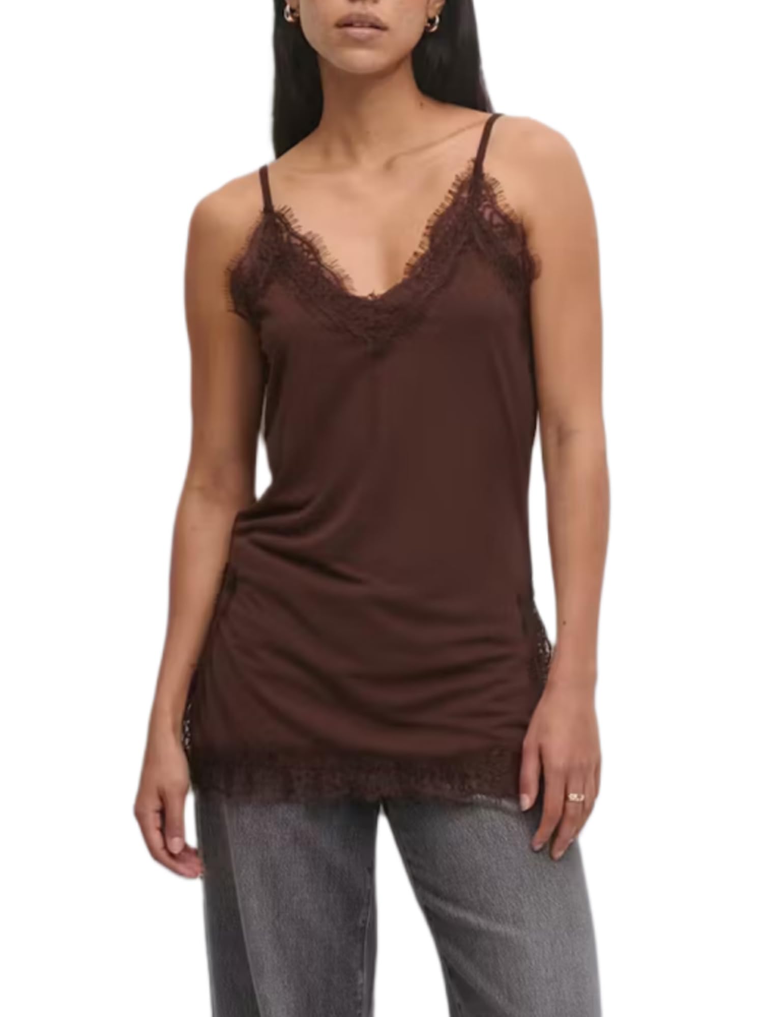 Acrawnni Women Y2k Satin Lace Trim Satin Camisole Tank Tops V Neck Sleeveless Spaghetti Strap Blouses Streetwear (B-Coffee, XL)