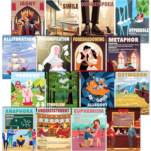 Qeeenar 16 Pcs Figurative Language Posters for Classroom Large English